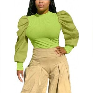 Womens Puff Long Sleeve Patchwork Ribbed Round Neck Slim Fit Blouse Pullover Top